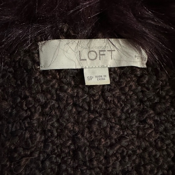 LOFT Dark Brown V-Neck Sweater with Faux Fur Collar - Picture 2 of 3
